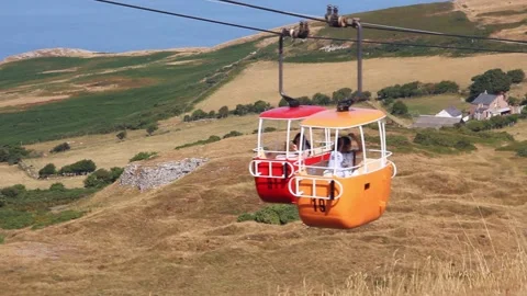 Two cable car gondolas pass on Great Orme, Llandudno Stock Footage 141582704