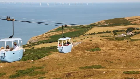 Two cable car gondolas pass on Great Orme, Llandudno Stock Footage 141582925
