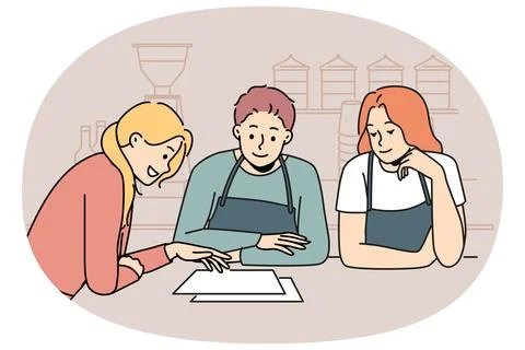 Two cafe owners stand behind bar, consulting with professional female Stock Illustration