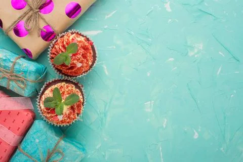 Two cakes with a gift, and with an empty space for an inscription or congratu Stock Photos