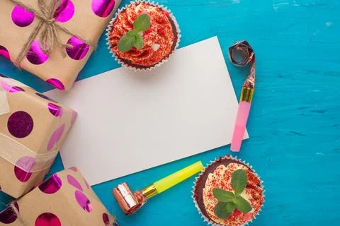Two cakes with a gift, and with an empty space for an inscription or congratu Stock Photos