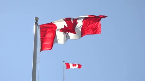 Two Canadian flags flying in a blue sky - slow motion Stock Footage 44115968