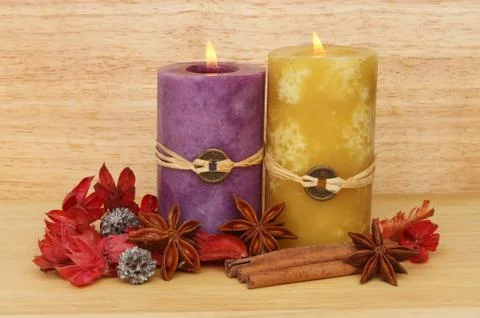 Two candle and potpourri Stock Photos