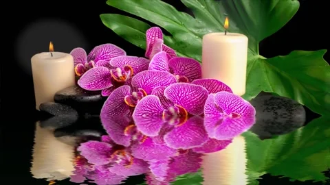 Two candles lit with flowers being reflected by a river Stock Footage 220308258