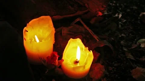 Two candles in woodland pull focus Stock Footage 22389208