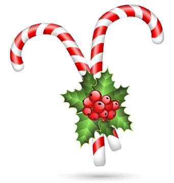 Two candy canes with holly on white Stock Illustration
