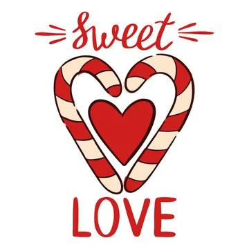 Two candy canes in the shape of a heart with the inscription sweet love. Hand Stock Illustration