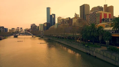 Two canoeing team training in Yarra River at sunset. Stock Footage 93687234