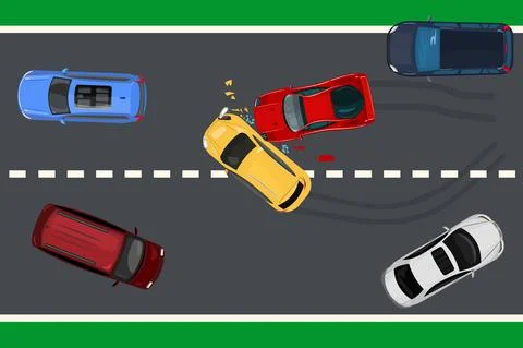 Two car accident top view.  Vehicle collision on the road. Car crash concept. Stock Illustration