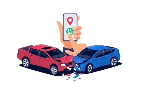 Two car collision crash accident with smartphone in hand isolated on white Stock Illustration