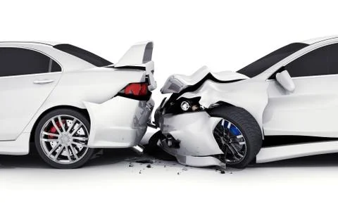 Two car crash on white background. 3d illustration Stockillustratie