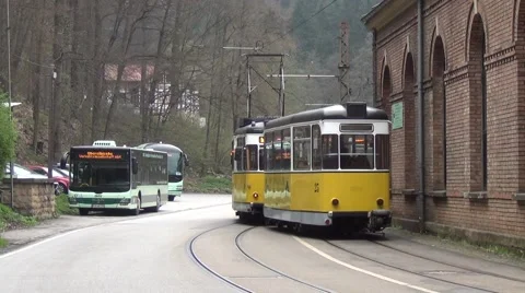 Two-car tram train leaves the Depot siding for Lichtenhainer Wasserfall Stock Footage 64755202