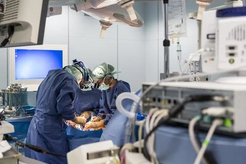 Two cardiac surgeons operate on a patient Stock Photos