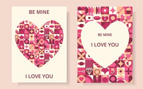 Two cards of abstract geometric shape and text for Happy Valentines Day. Stock Illustration