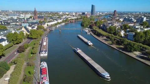 Two Cargo Ships Passing on Main River in Frankfurt – Aerial Pullback 스톡 동영상 346889273