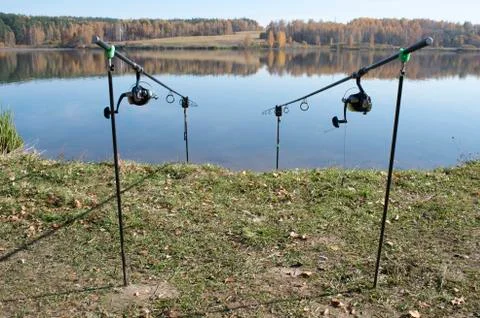 Two carp rods are installed on stands on the shore against the flat surface o Stock Photos