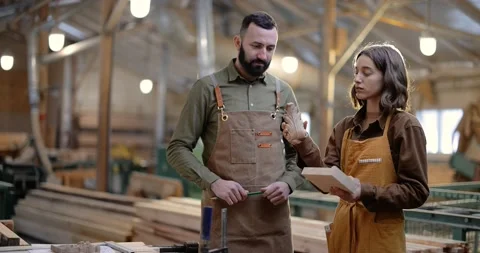 Two carpentry workers at the manufacturing Stock Footage 146921093