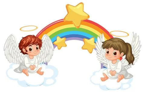 Two Cartoon Angels Sitting on Clouds with Rainbow Stock Illustration