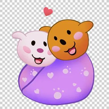 Two cartoon bear faces are nesting on purple cushion with heart, paw prints, Stockillustratie