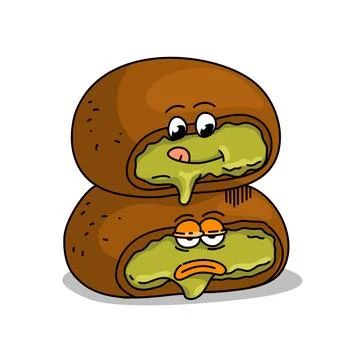 Two cartoon buns with cute chocolate mochi with green matcha cheese and face. Fo Illustrazione stock