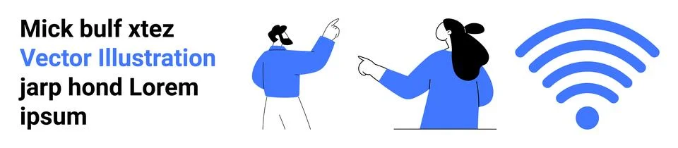 Two cartoon characters interact by pointing and discussing a topic near a lar Stock Illustration