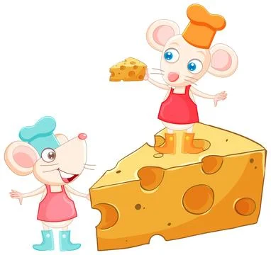Two Cartoon Chef Mice Standing with Large Wedge of Swiss Cheese Stock Illustration