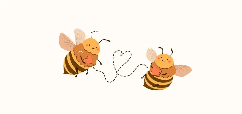 Two cartoon cute bees flying to meet each other along the way in the shape of a Ilustração Stock