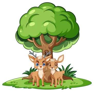 Two Cartoon Deer Standing Under a Green Tree Stock Illustration