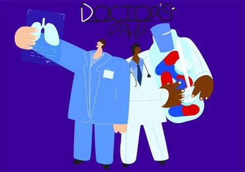 Two cartoon doctors with lung x-ray and a jar of pills. Medical worker of E.. Stock Illustration