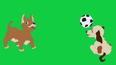 Two cartoon dogs play with a bouncing soccer ball on a green screen. Stock Footage 324084778