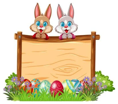 Two Cartoon Easter Bunnies Peeking Over a Wooden Sign with Colorful Eggs Ilustração Stock