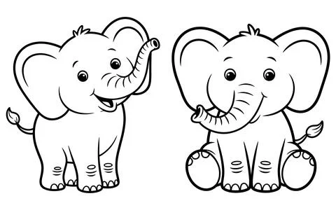 Two cartoon elephants with trunks raised in a black and white Stock Illustration