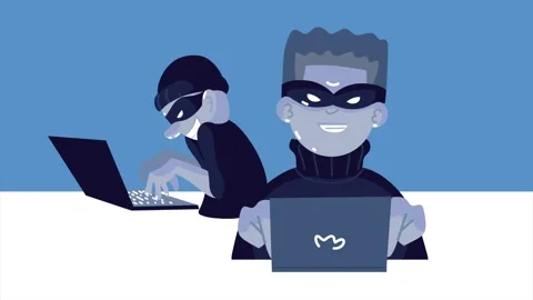 Two cartoon hackers working on laptops representing cyber crime activity in.. Stock Footage 338423425