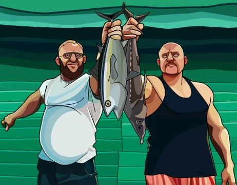 Two cartoon male fishermen hold fish by their tails Stock Illustration