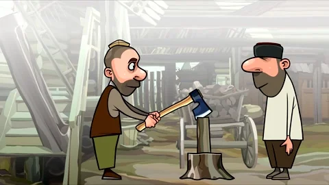 Two cartoon man harmoniously chopping wood in the village yard 動画素材 150865286