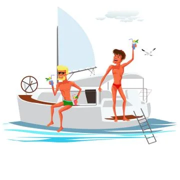 Two cartoon men with cooling drinks on yacht Stock Illustration