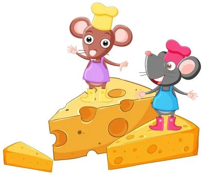 Two Cartoon Mice Chefs Standing on Large Wedges of Swiss Cheese Stock Illustration