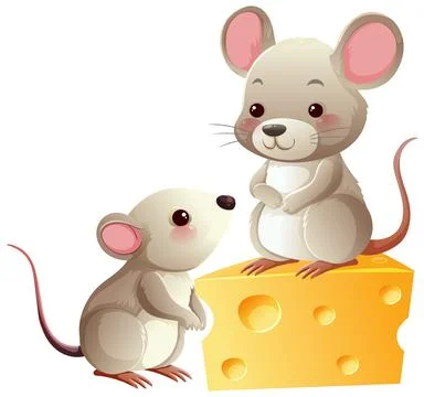 Two Cartoon Mice Interacting with Cheese Block Stock Illustration