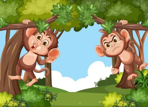 Two Cartoon Monkeys Hanging From Trees in Forest Stock Illustration