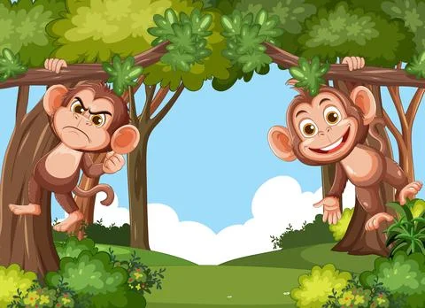 Two Cartoon Monkeys Hanging From Trees in Forest Stock Illustration