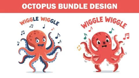 Two cartoon octopuses dancing with musical notes around them bundle design Stock Illustration
