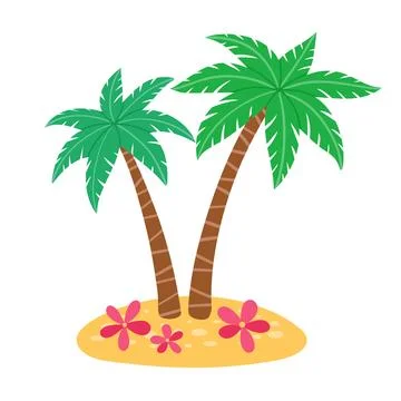 Two cartoon palm trees on a small island with pink flowers. Stock Illustration