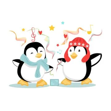 Two Cartoon Penguins Dance Under Music Vibes Stock Illustration
