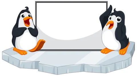 Two Cartoon Penguins Standing on Ice with a Blank White Sign Stock Illustration