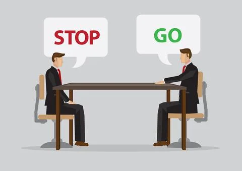 Two cartoon professionals cannot meet eye to eye in business meeting. Stock Illustration