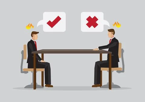 Two cartoon professionals cannot meet eye to eye in business meeting. Stock Illustration