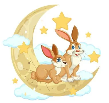 Two Cartoon Rabbits Sitting on Crescent Moon with Stars Stock Illustration