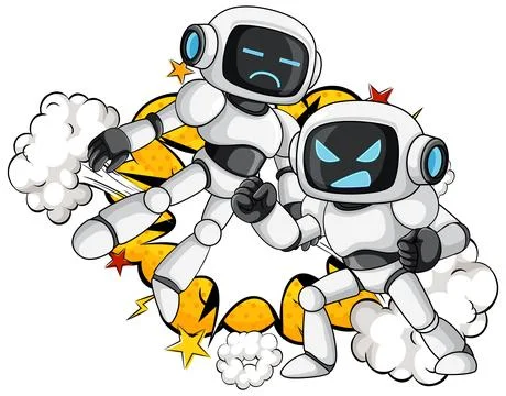 Two Cartoon Robots Fighting with Comic Explosion Background Stock Illustration