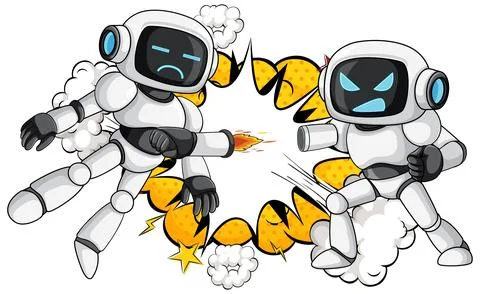 Two Cartoon Robots Fighting With Comic Explosion Background Stock-Illustration