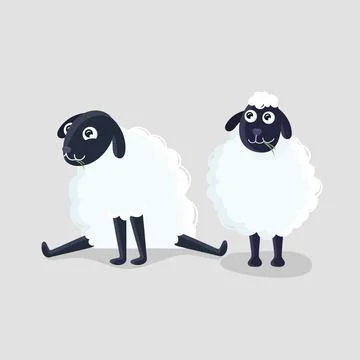 Two Cartoon Sheep in Different Poses on Grey Background. Stock Illustration